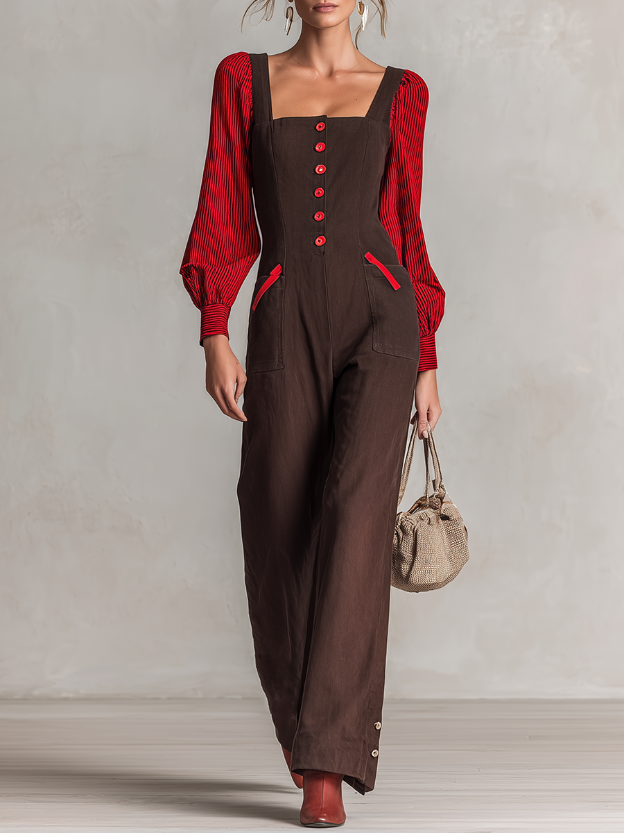 Retro Dark-coffee Square-neck Red-button Contrast-color-sleeve Fitted Wide-leg Jumpsuit