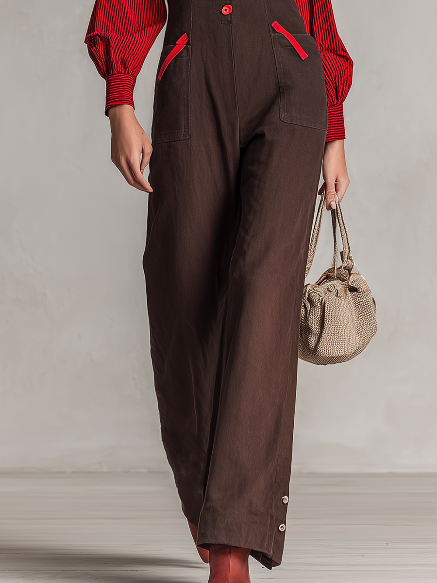 Retro Dark-coffee Square-neck Red-button Contrast-color-sleeve Fitted Wide-leg Jumpsuit