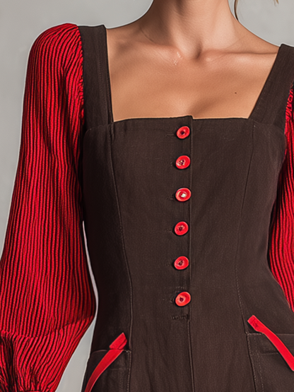 Retro Dark-coffee Square-neck Red-button Contrast-color-sleeve Fitted Wide-leg Jumpsuit
