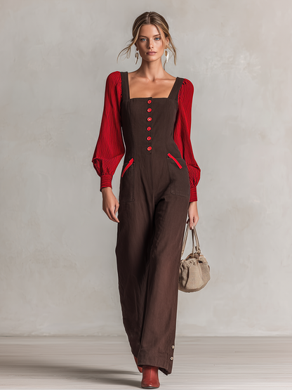 Retro Dark-coffee Square-neck Red-button Contrast-color-sleeve Fitted Wide-leg Jumpsuit