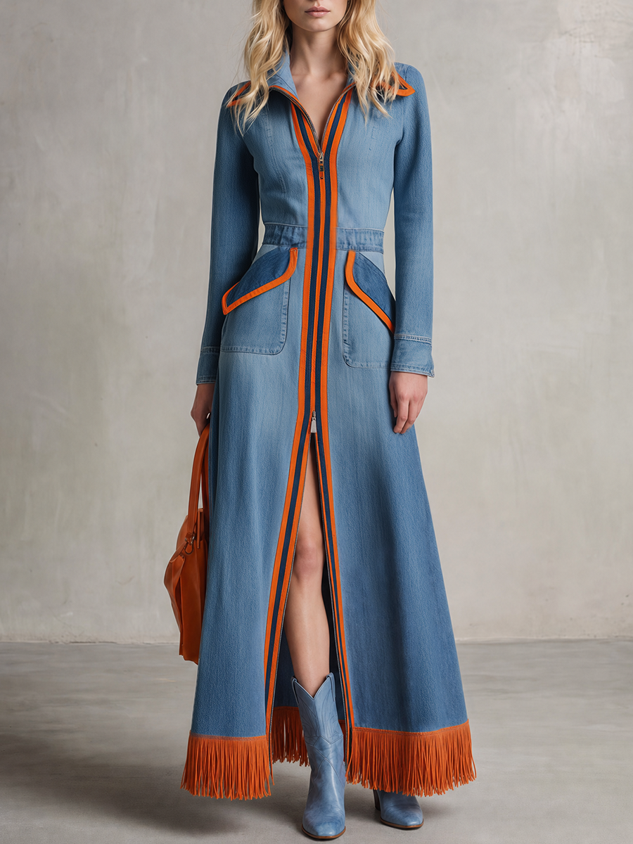 Retro Striped Piped Zip Belted Big-pocket Slit Long Denim Dress