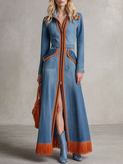 Retro Striped Piped Zip Belted Big-pocket Slit Long Denim Dress