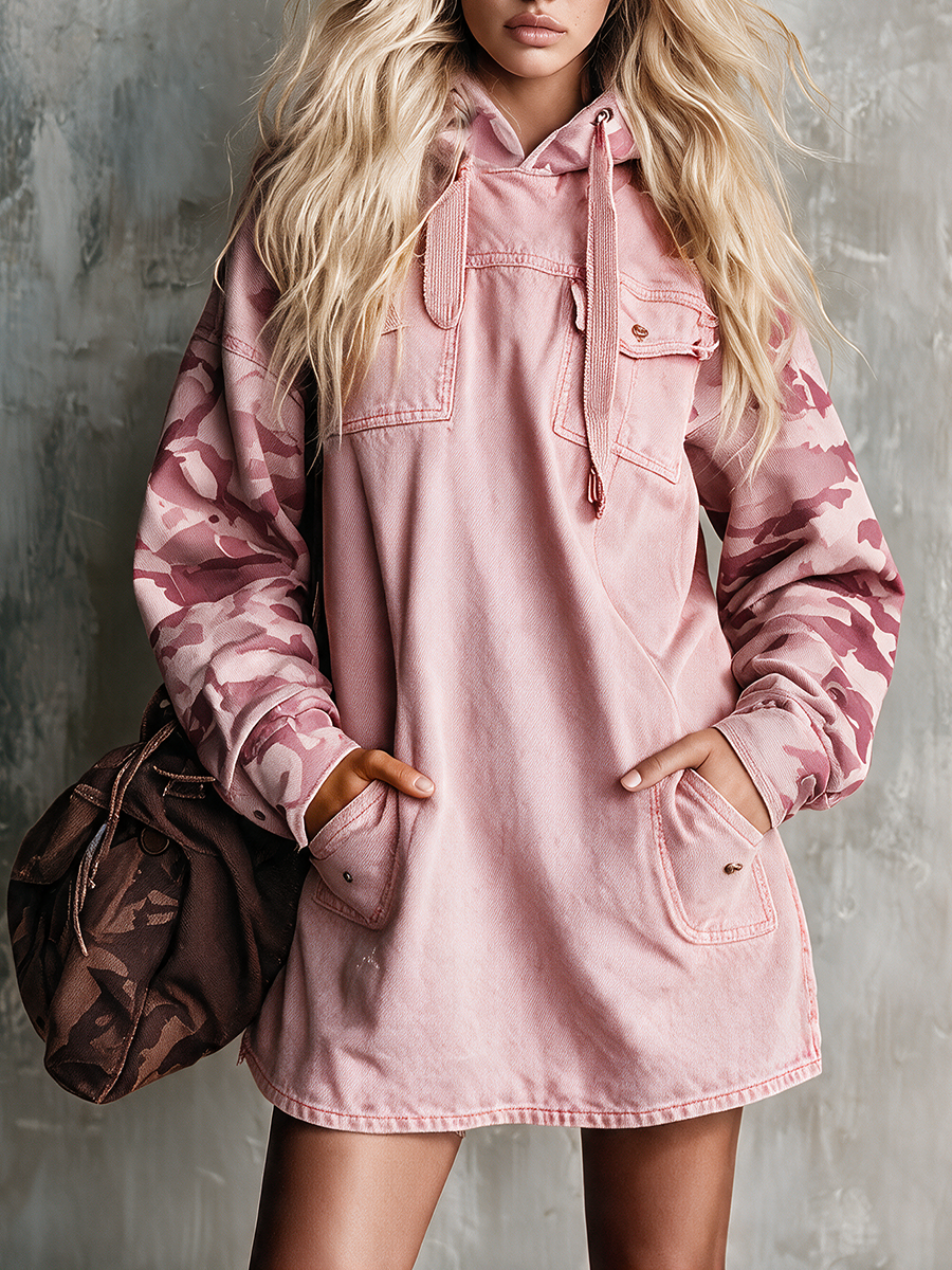 Retro Pink Hooded Camo-sleeve Distressed Loose Denim Dress