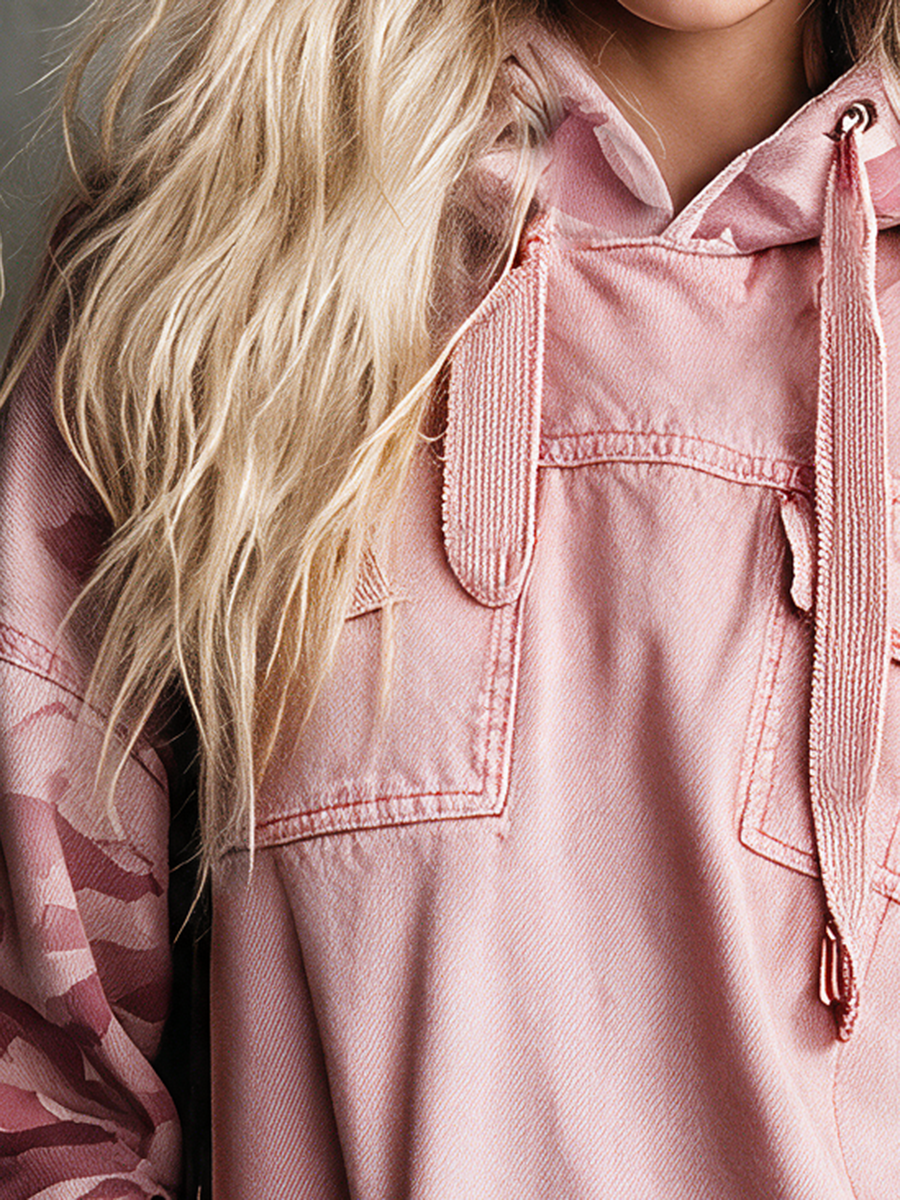 Retro Pink Hooded Camo-sleeve Distressed Loose Denim Dress