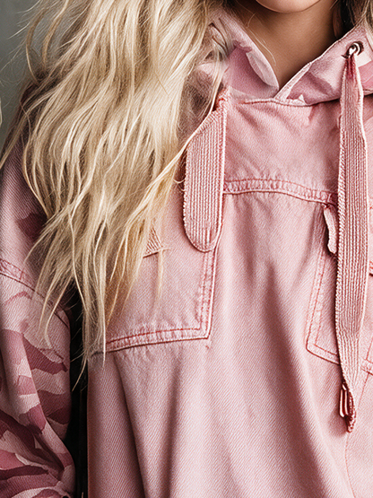 Retro Pink Hooded Camo-sleeve Distressed Loose Denim Dress