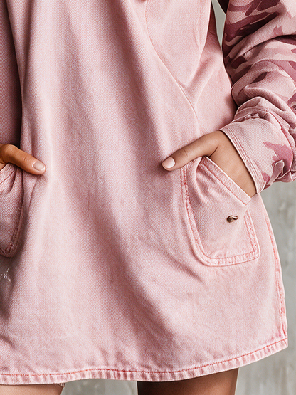 Retro Pink Hooded Camo-sleeve Distressed Loose Denim Dress
