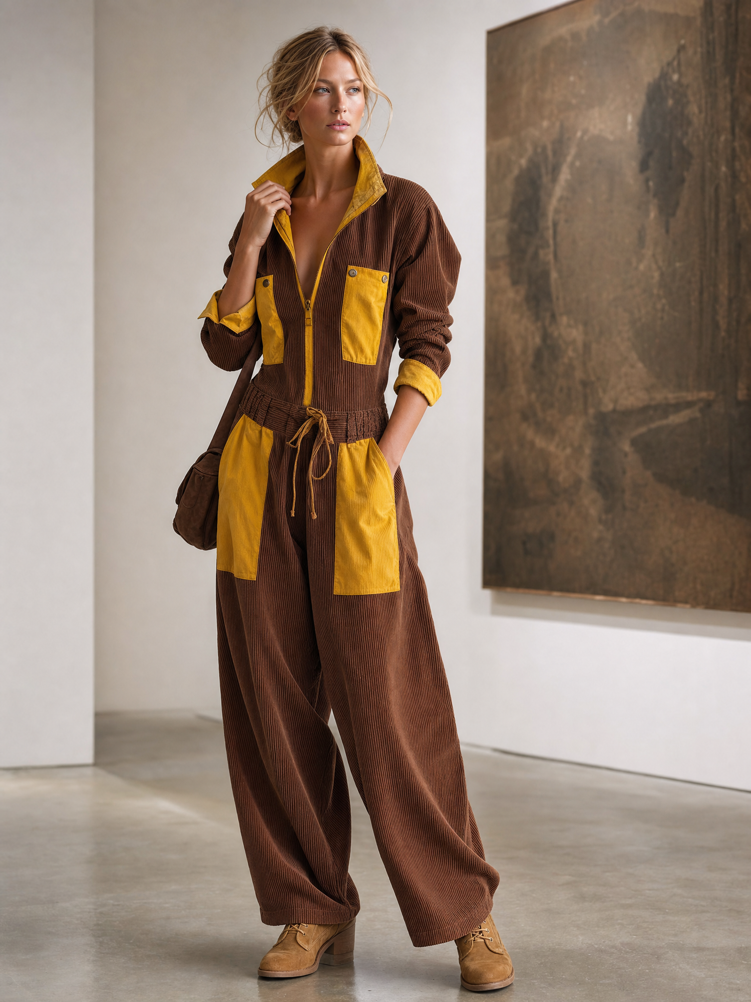 Retro Brown Mustard Color-Block Corduroy Zip-Front Wide-Leg Cargo Jumpsuit
