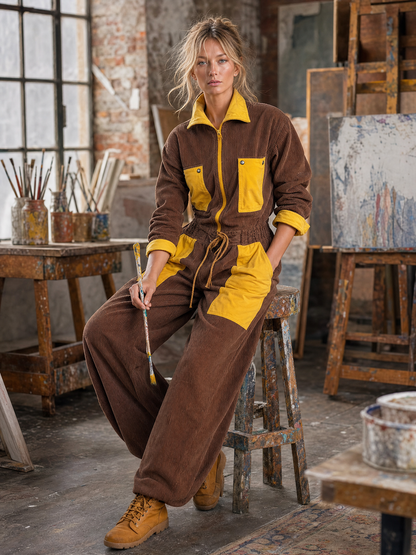 Retro Brown Mustard Color-Block Corduroy Zip-Front Wide-Leg Cargo Jumpsuit