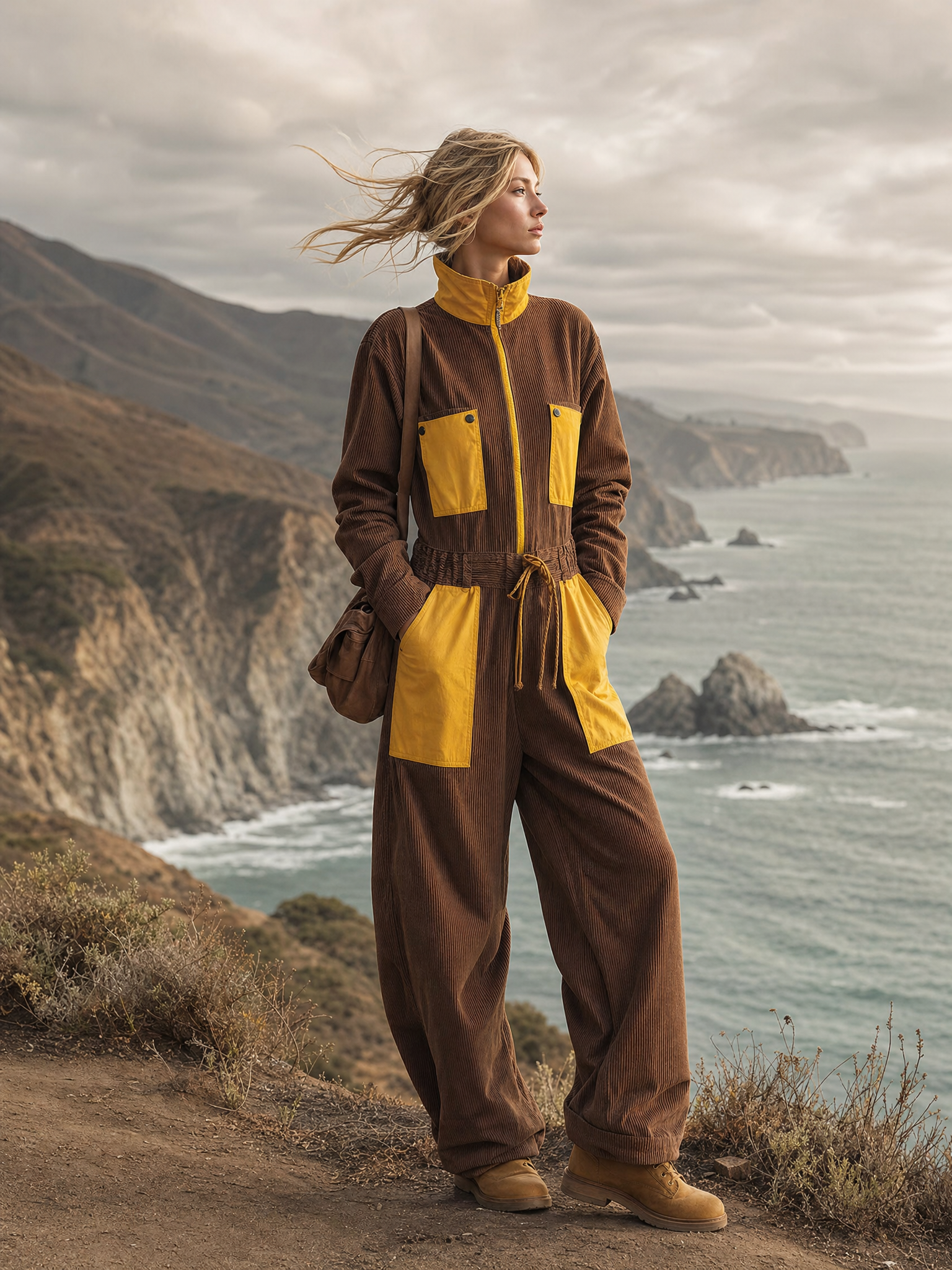 Retro Brown Mustard Color-Block Corduroy Zip-Front Wide-Leg Cargo Jumpsuit