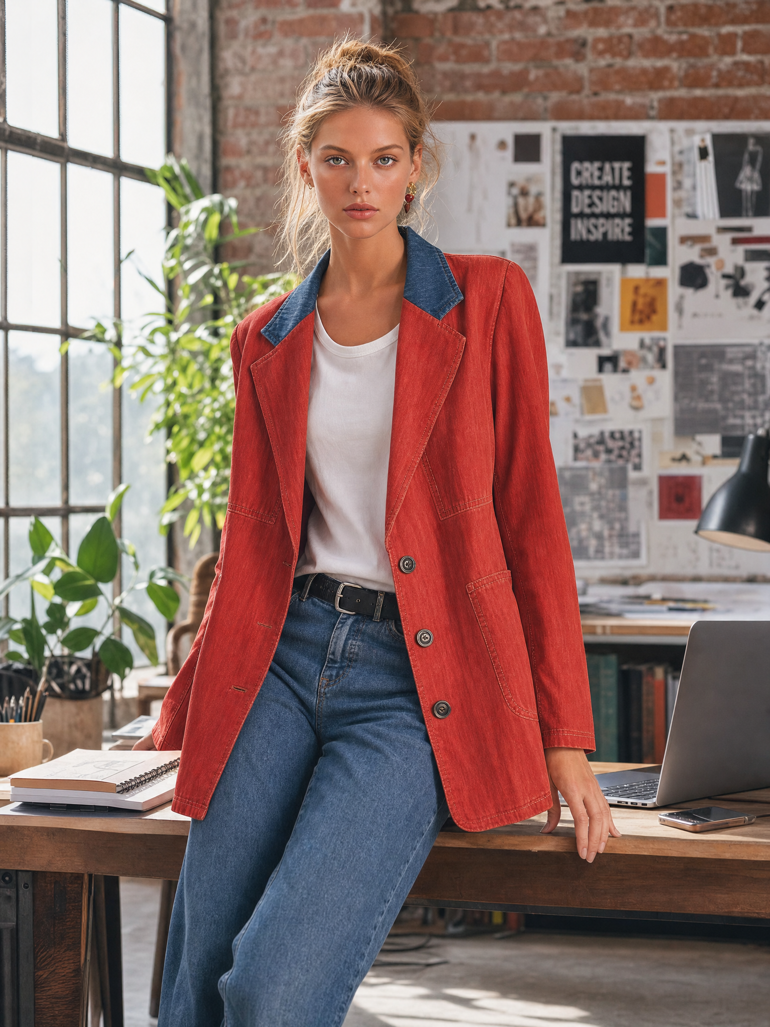 Western Red Denim Contrast-Collar Single-Breasted Oversized Blazer Jacket With Pockets