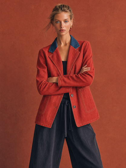 Western Red Denim Contrast-Collar Single-Breasted Oversized Blazer Jacket With Pockets