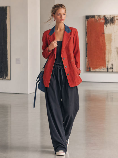 Western Red Denim Contrast-Collar Single-Breasted Oversized Blazer Jacket With Pockets