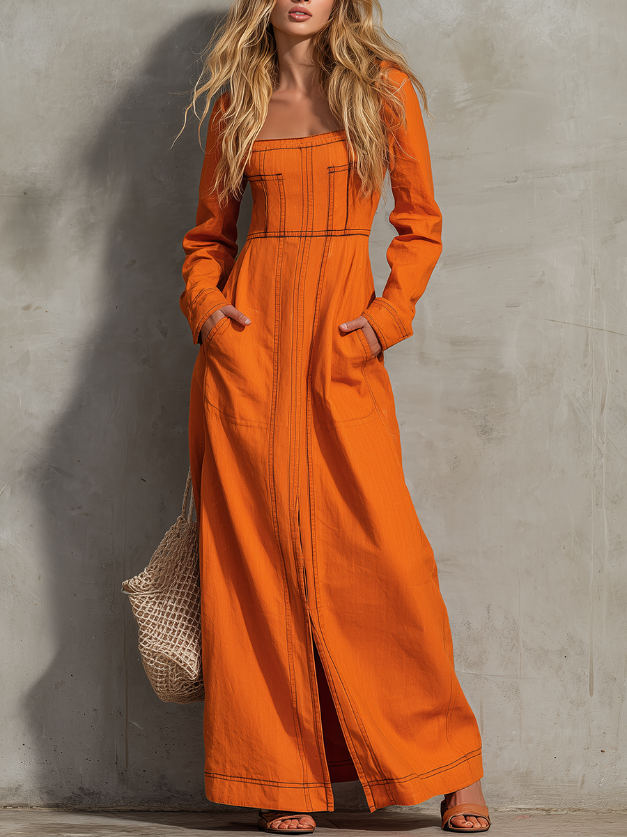 Vintage Square-neck Corset-seamed Denim Dress