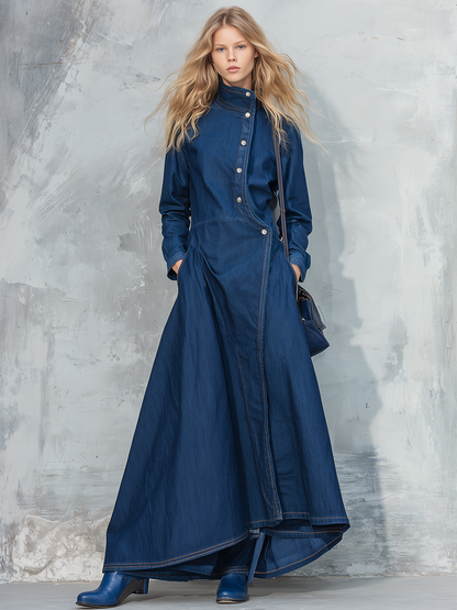 Vintage Stand-collar Asymmetric-placket Denim Dress