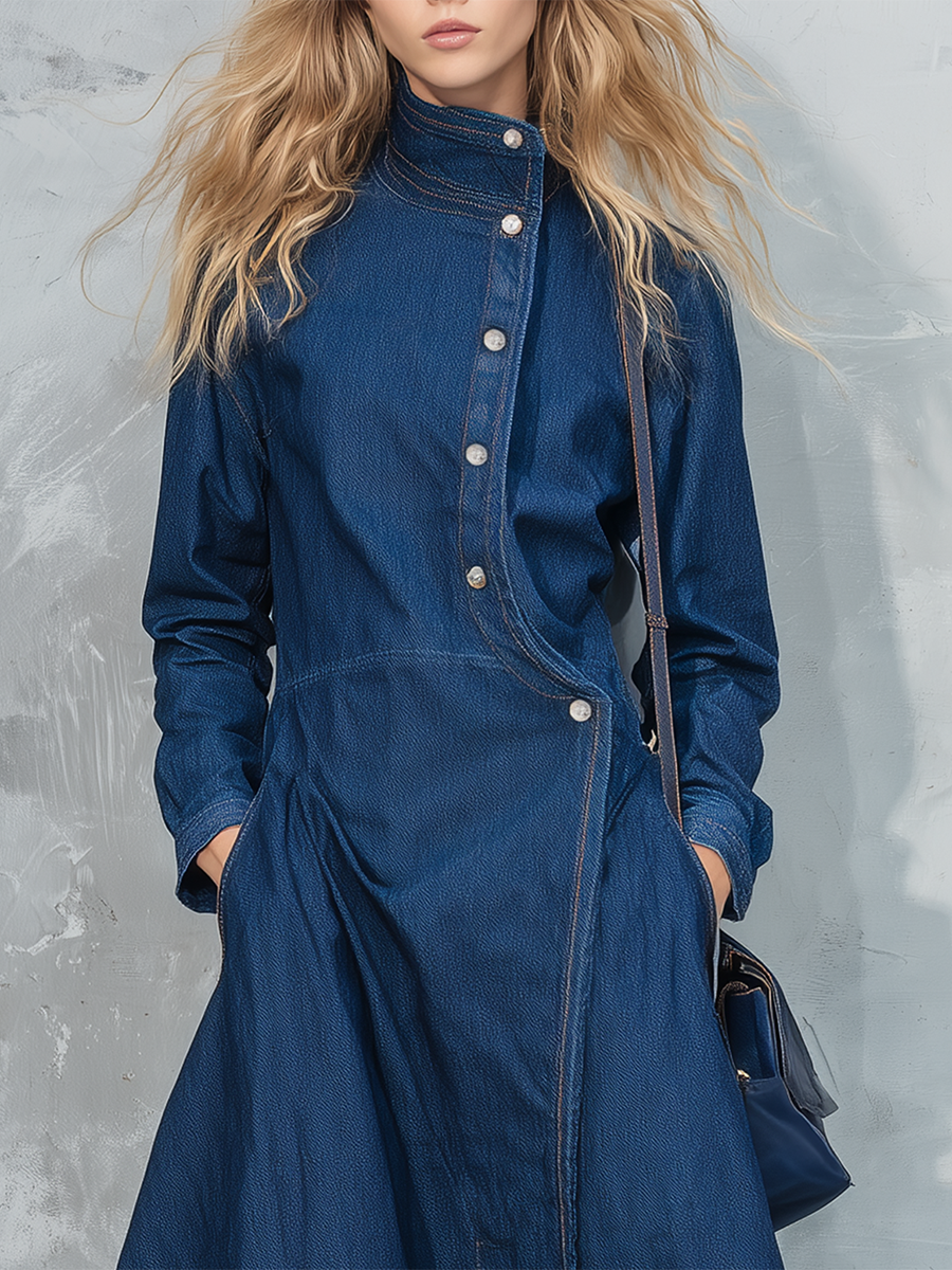 Vintage Stand-collar Asymmetric-placket Denim Dress
