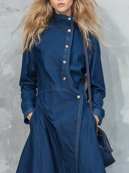 Vintage Stand-collar Asymmetric-placket Denim Dress