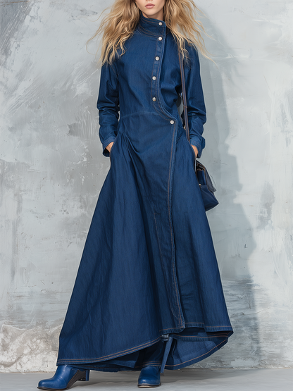 Vintage Stand-collar Asymmetric-placket Denim Dress