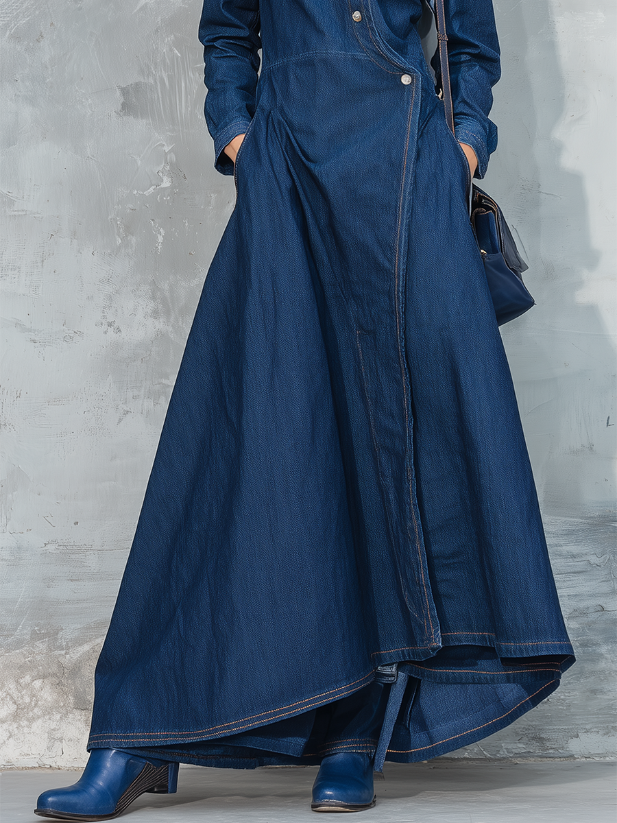 Vintage Stand-collar Asymmetric-placket Denim Dress