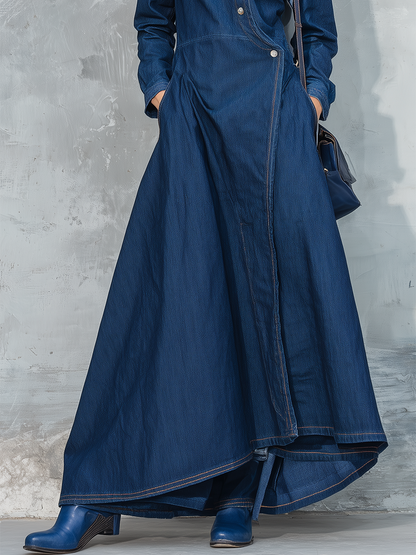 Vintage Stand-collar Asymmetric-placket Denim Dress