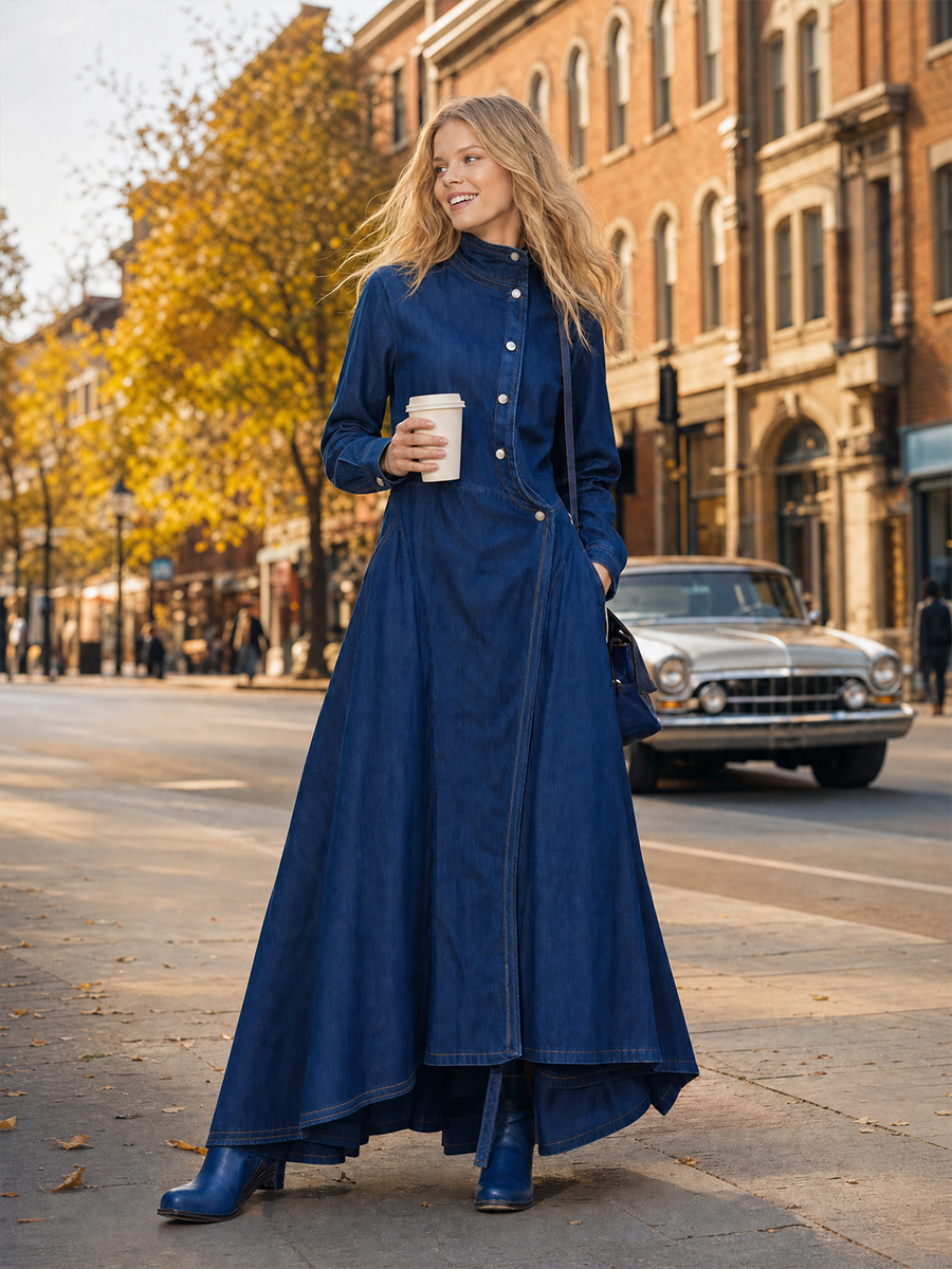 Vintage Stand-collar Asymmetric-placket Denim Dress