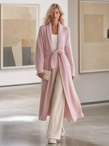 Cozy Pink Shawl-Collar Belted Open-Front Longline Duster Knit Cardigan