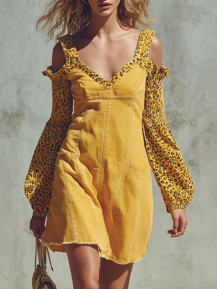 Vintage Off-shoulder Leopard-panel Denim Mini Dress – OYROSY