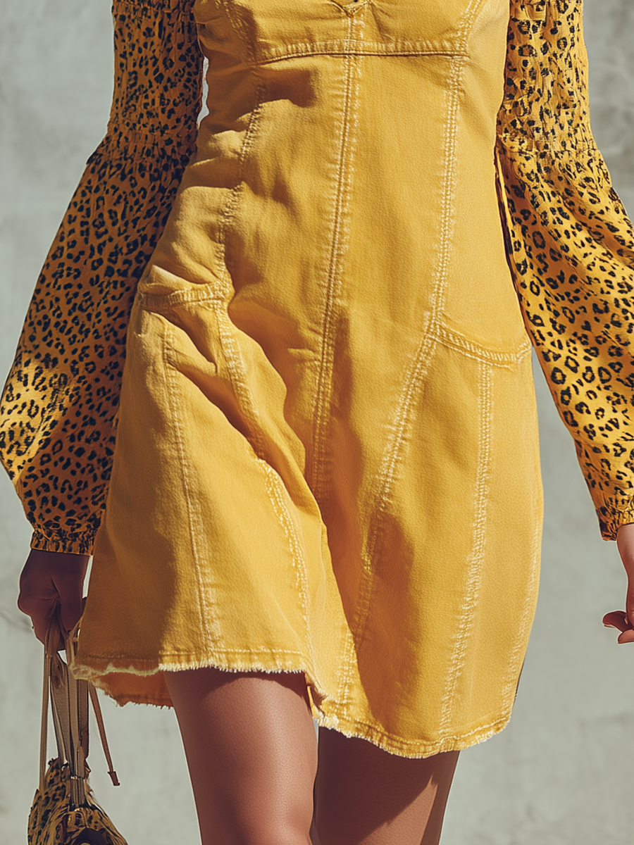 Vintage Off-shoulder Leopard-panel Denim Mini Dress