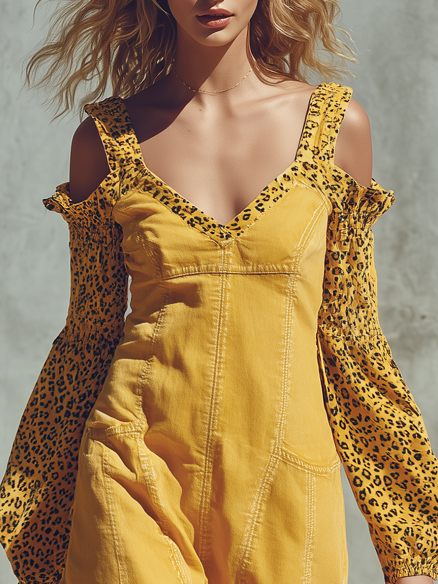 Vintage Off-shoulder Leopard-panel Denim Mini Dress