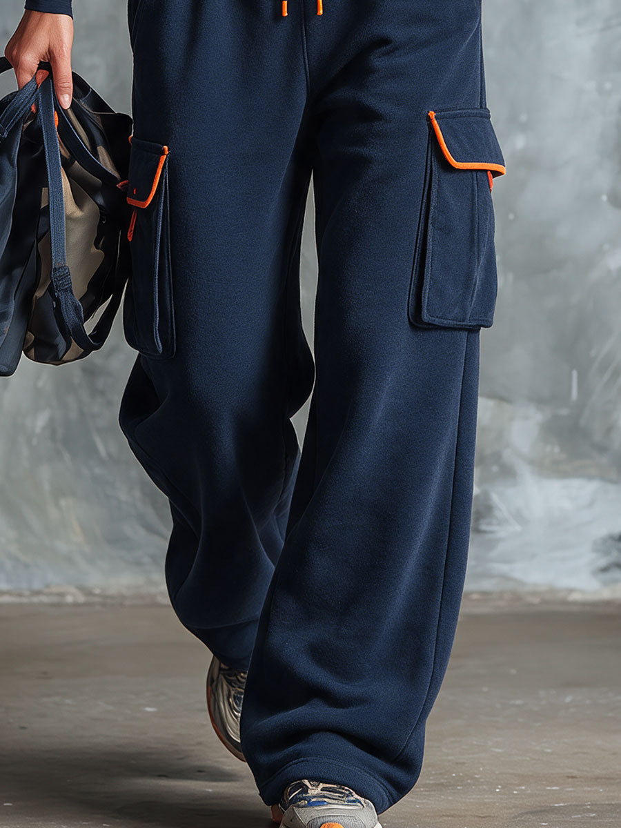Retro Sporty Color-blocked Blue Cotton Top And Pants Set