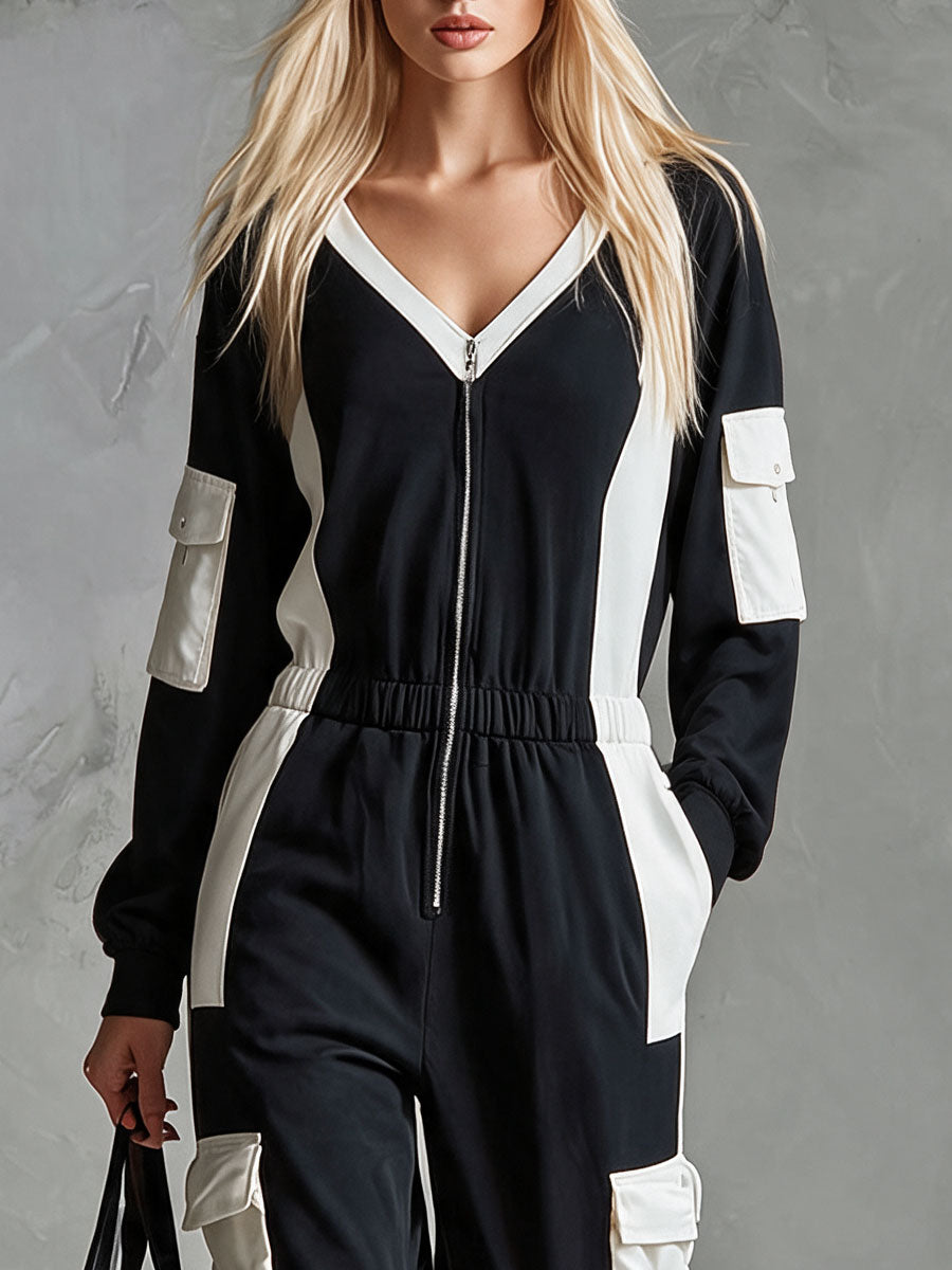 Retro Sporty Black And White Color-blocked Multi-pocket Cotton Jumpsuit