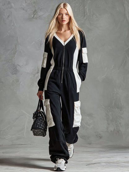 Retro Sporty Black And White Color-blocked Multi-pocket Cotton Jumpsuit