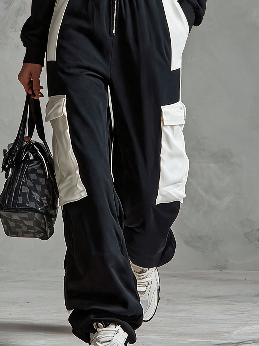 Retro Sporty Black And White Color-blocked Multi-pocket Cotton Jumpsuit