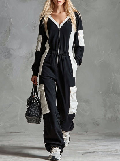 Retro Sporty Black And White Color-blocked Multi-pocket Cotton Jumpsuit