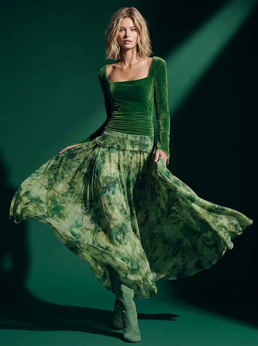 Boho Green Velvet Chiffon Floral-Print Square-Neck Long-Sleeve Bubble-Hem Maxi Dress