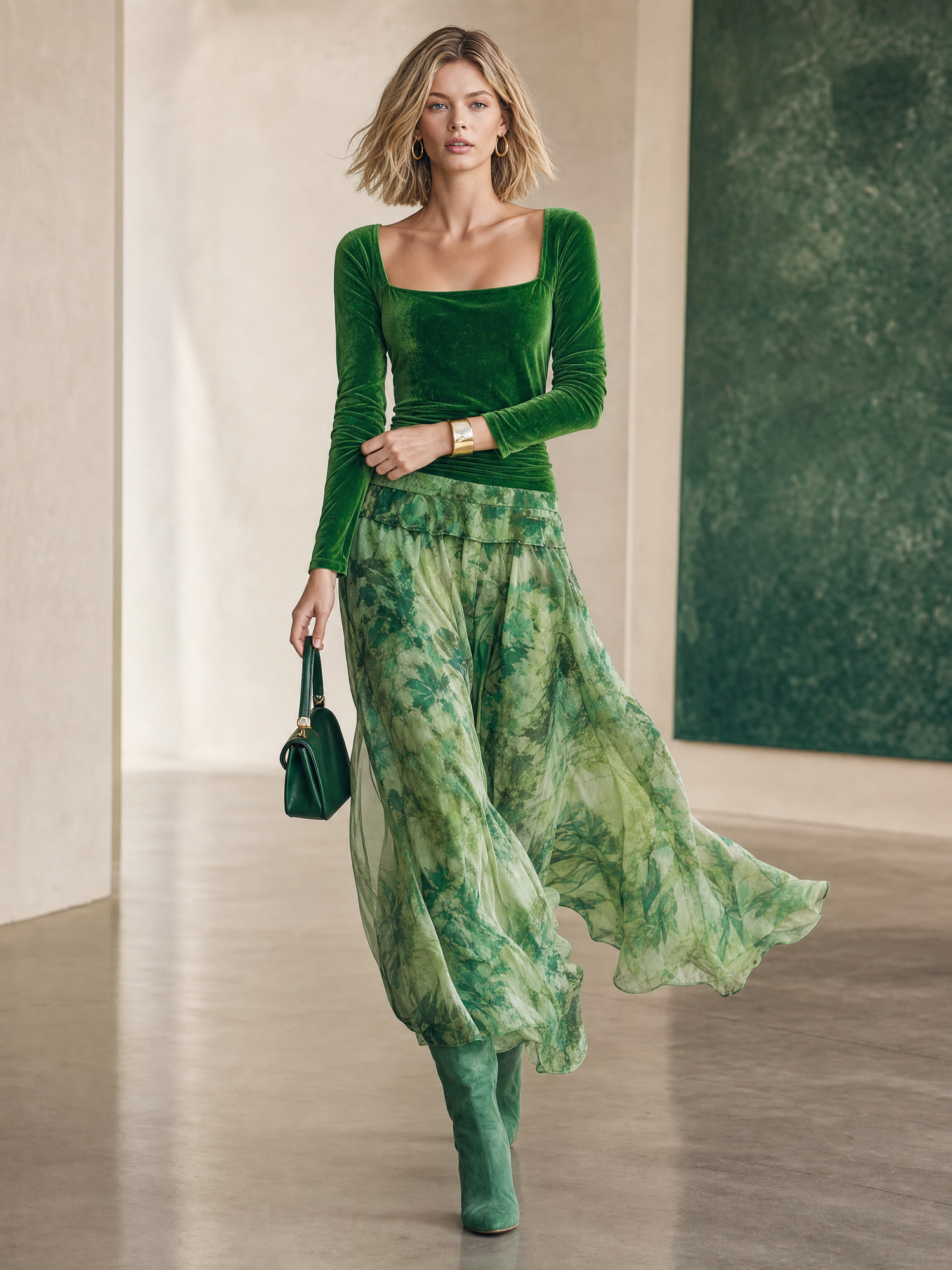 Boho Green Velvet Chiffon Floral-Print Square-Neck Long-Sleeve Bubble-Hem Maxi Dress