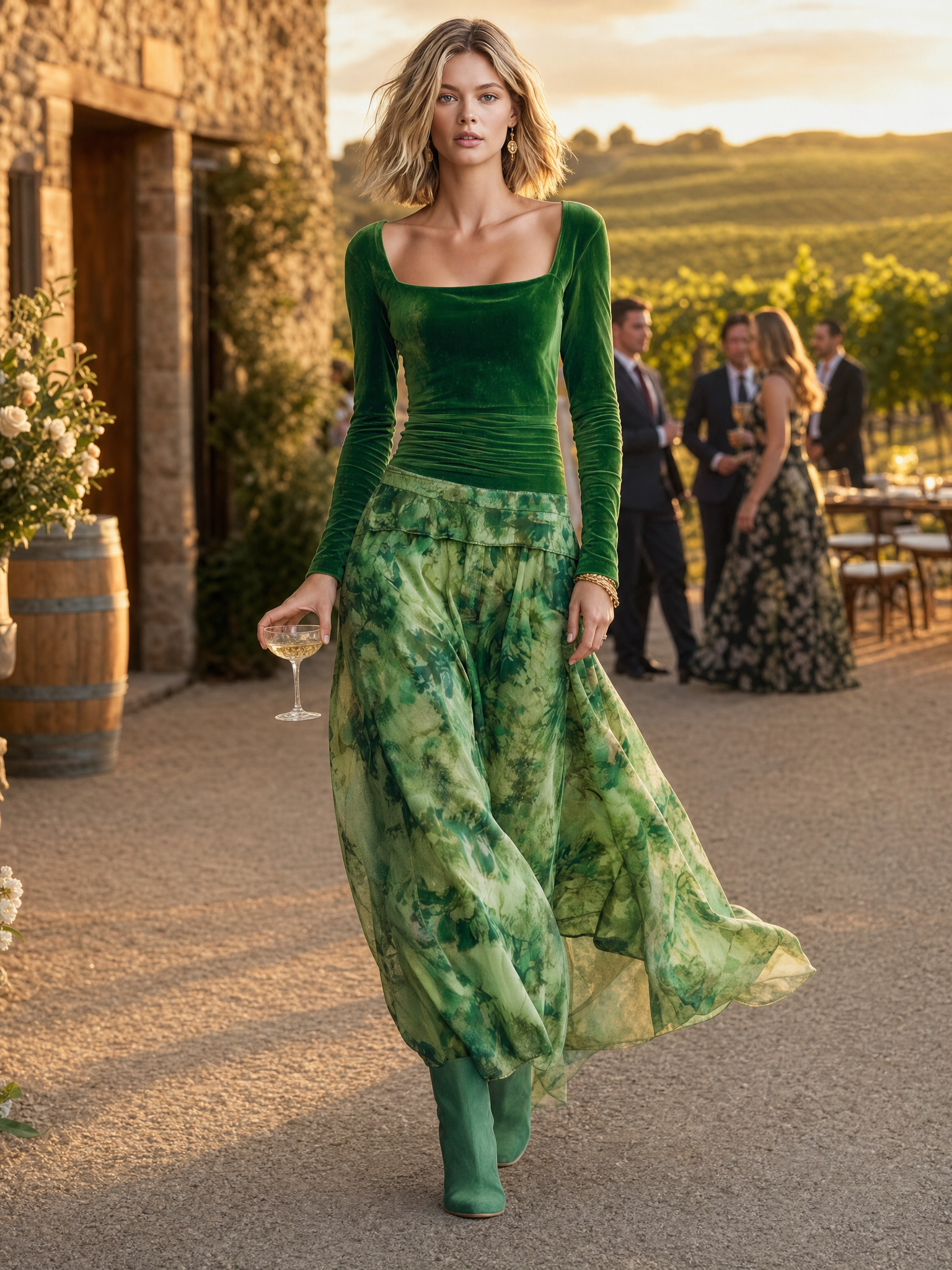 Boho Green Velvet Chiffon Floral-Print Square-Neck Long-Sleeve Bubble-Hem Maxi Dress