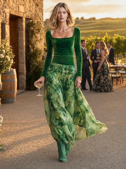 Boho Green Velvet Chiffon Floral-Print Square-Neck Long-Sleeve Bubble-Hem Maxi Dress