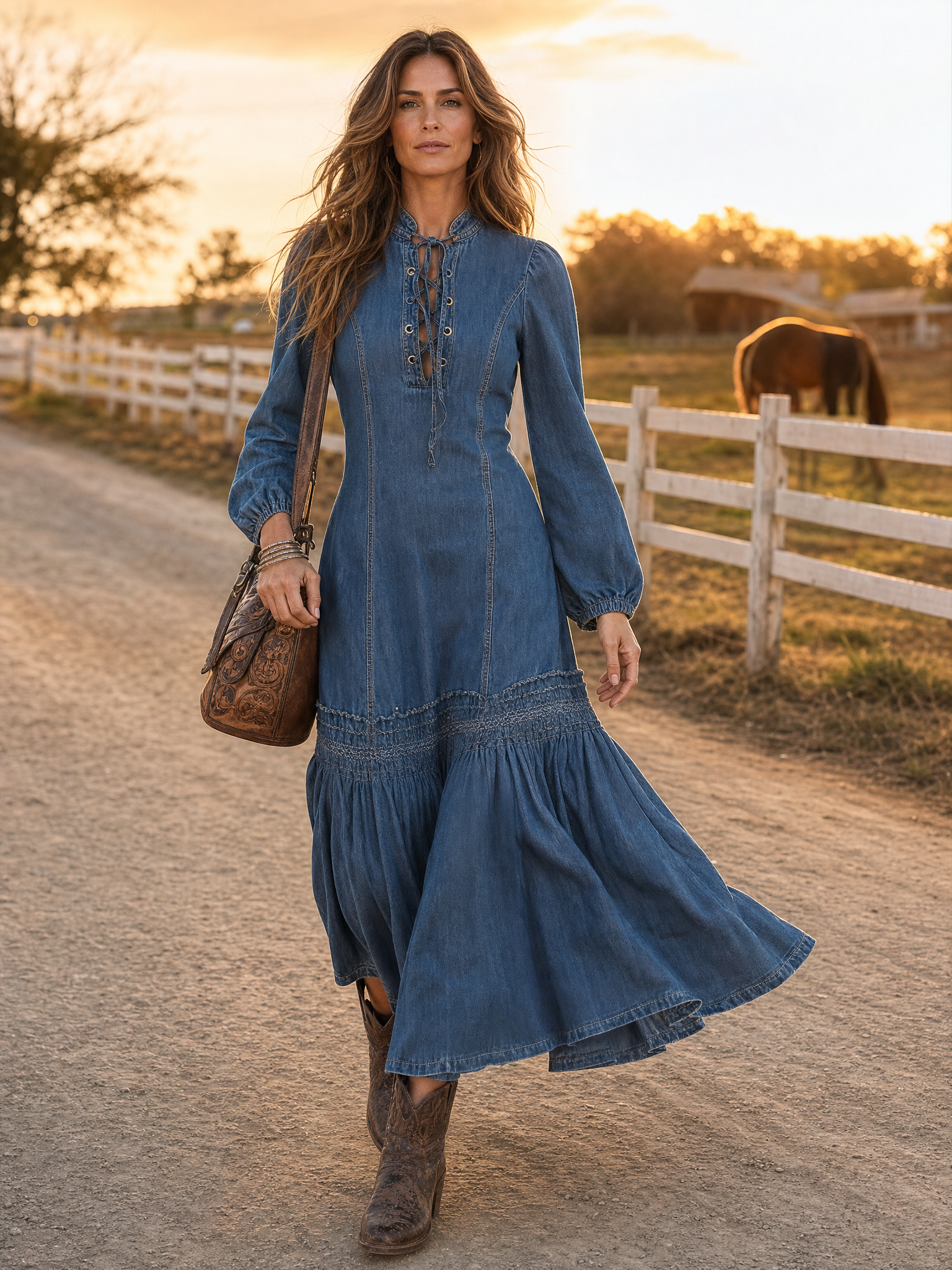 Elegant Vintage Western Tie-neck Long-sleeved Bubble Hem Blue Denim Maxi Dress