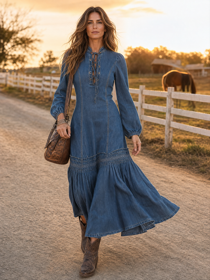 Elegant Vintage Western Tie-neck Long-sleeved Bubble Hem Blue Denim Maxi Dress