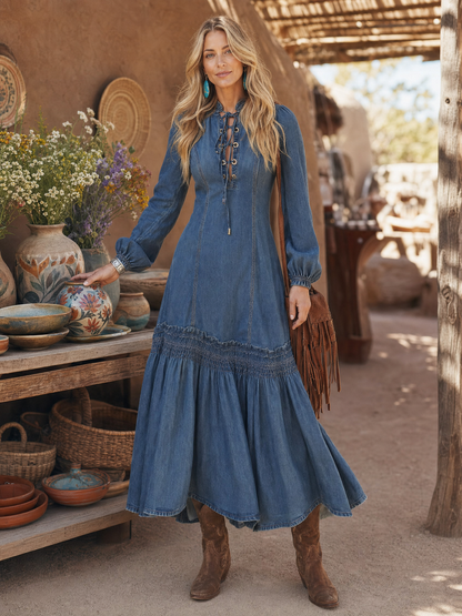 Elegant Vintage Western Tie-neck Long-sleeved Bubble Hem Blue Denim Maxi Dress