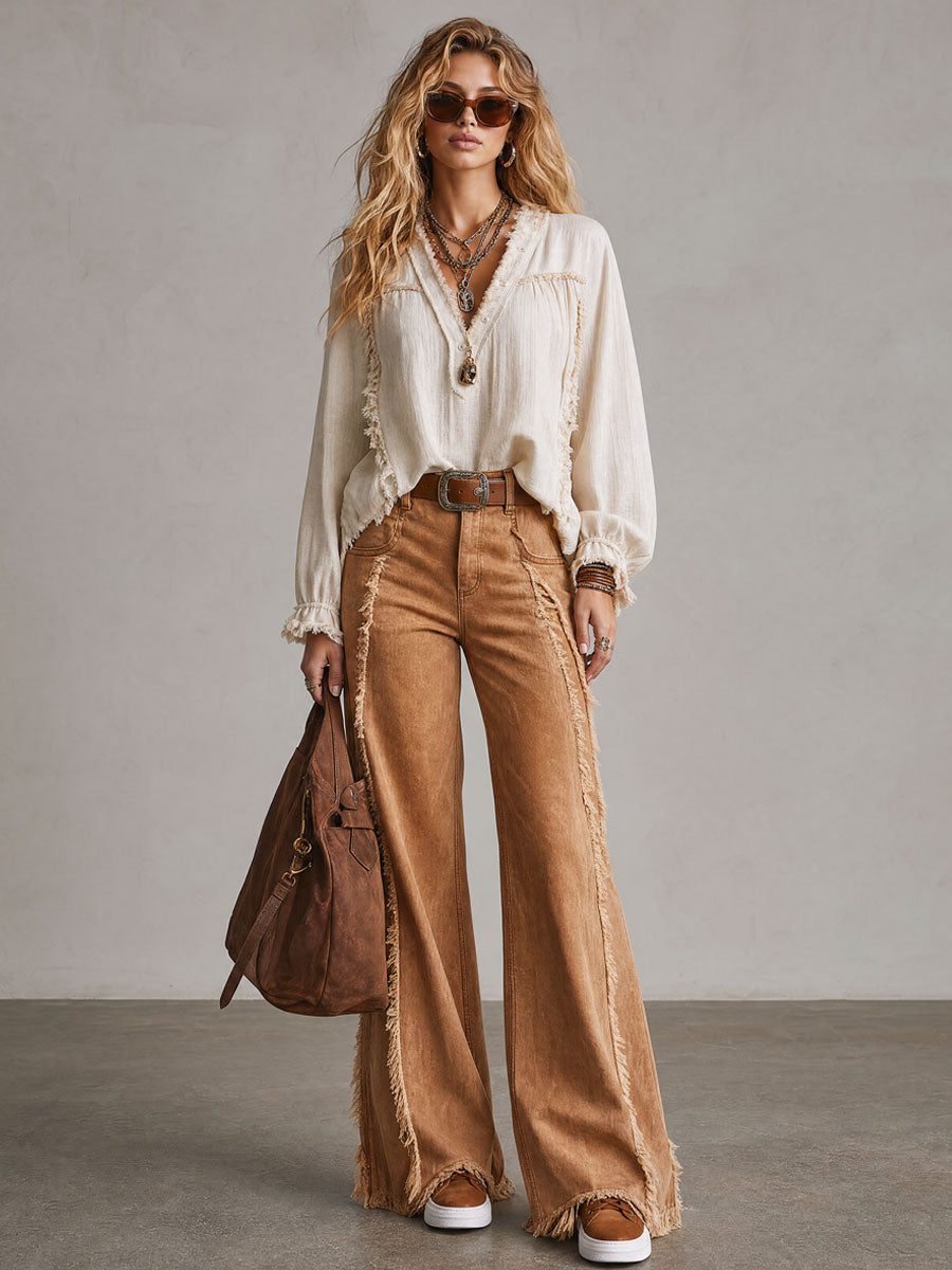 Western Retro Frayed Camel Wide-leg Jeans