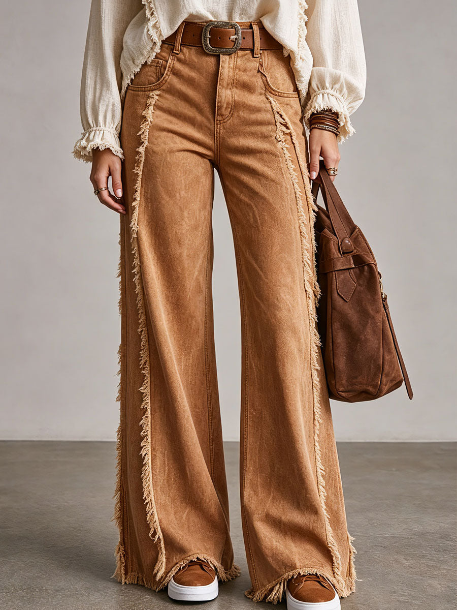 Western Retro Frayed Camel Wide-leg Jeans