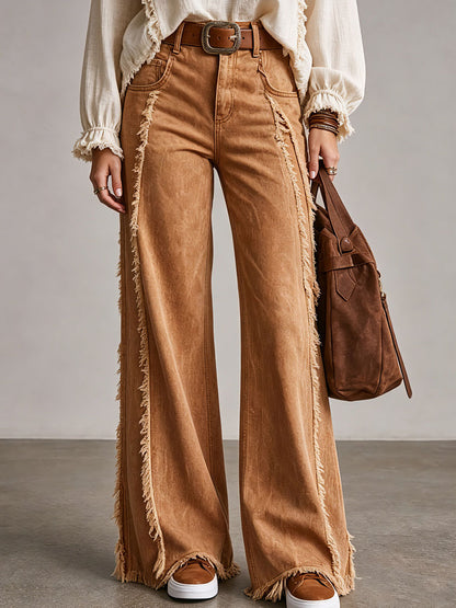 Western Retro Frayed Camel Wide-leg Jeans