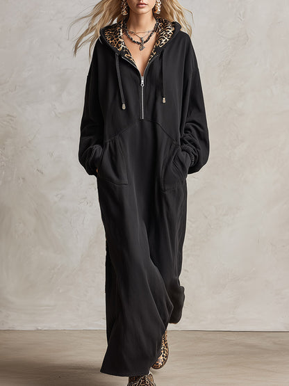 Black Casual Sporty Loose-fit Hooded Sweatshirt Maxi Dress