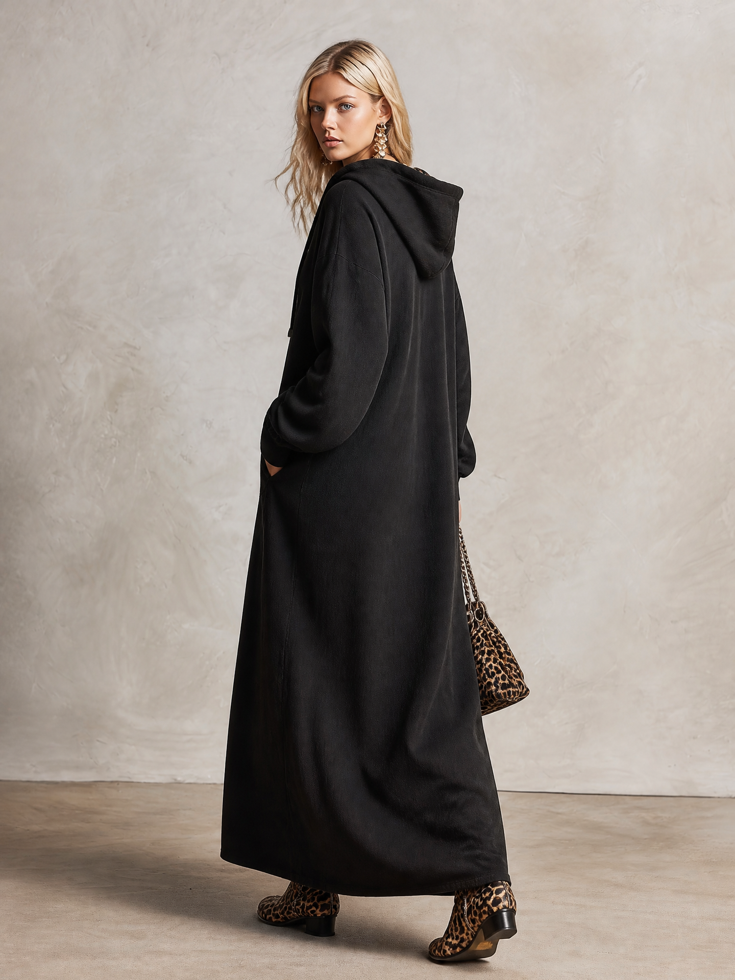 Black Casual Sporty Loose-fit Hooded Sweatshirt Maxi Dress