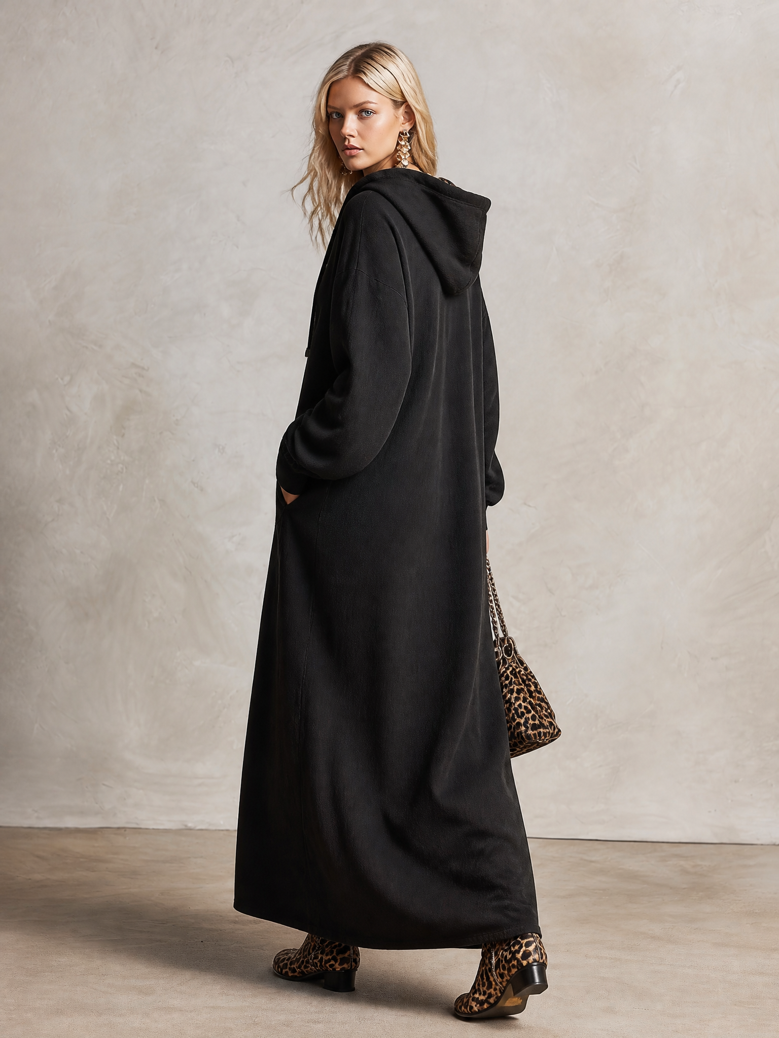 Black Casual Sporty Loose-fit Hooded Sweatshirt Maxi Dress