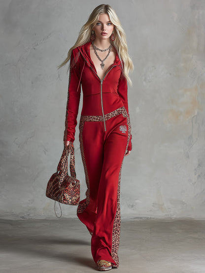 Retro-sporty Leopard-print Trim Red Hooded Stretch-cotton Jumpsuit