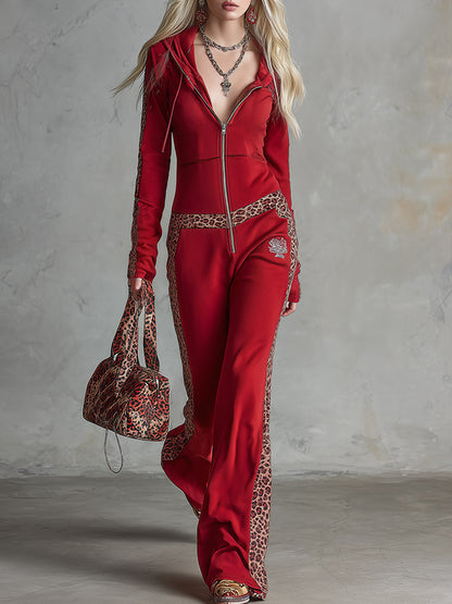 Retro-sporty Leopard-print Trim Red Hooded Stretch-cotton Jumpsuit