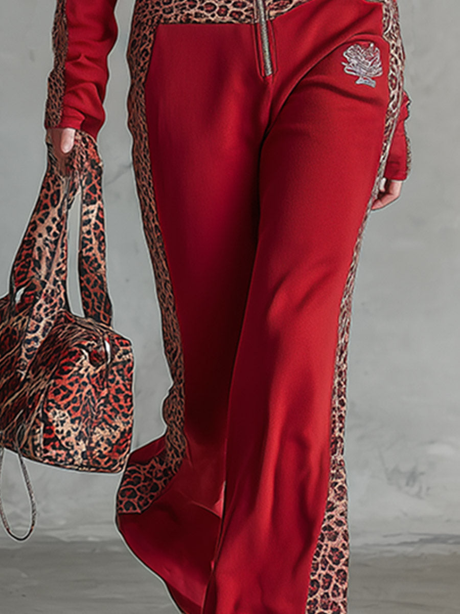 Retro-sporty Leopard-print Trim Red Hooded Stretch-cotton Jumpsuit