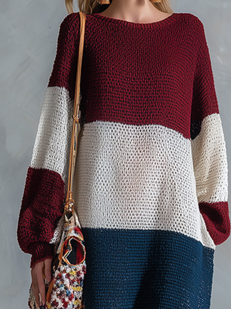 Elegant And Stylish Color-block Long-sleeved Knit Maxi Dress